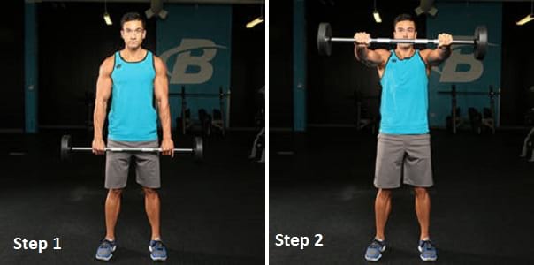 man showing how to do the Barbell Front Raise Exercise https://get-strong.fit/Barbell-Front-Raise-How-To-Exercise-Guide/Exercises